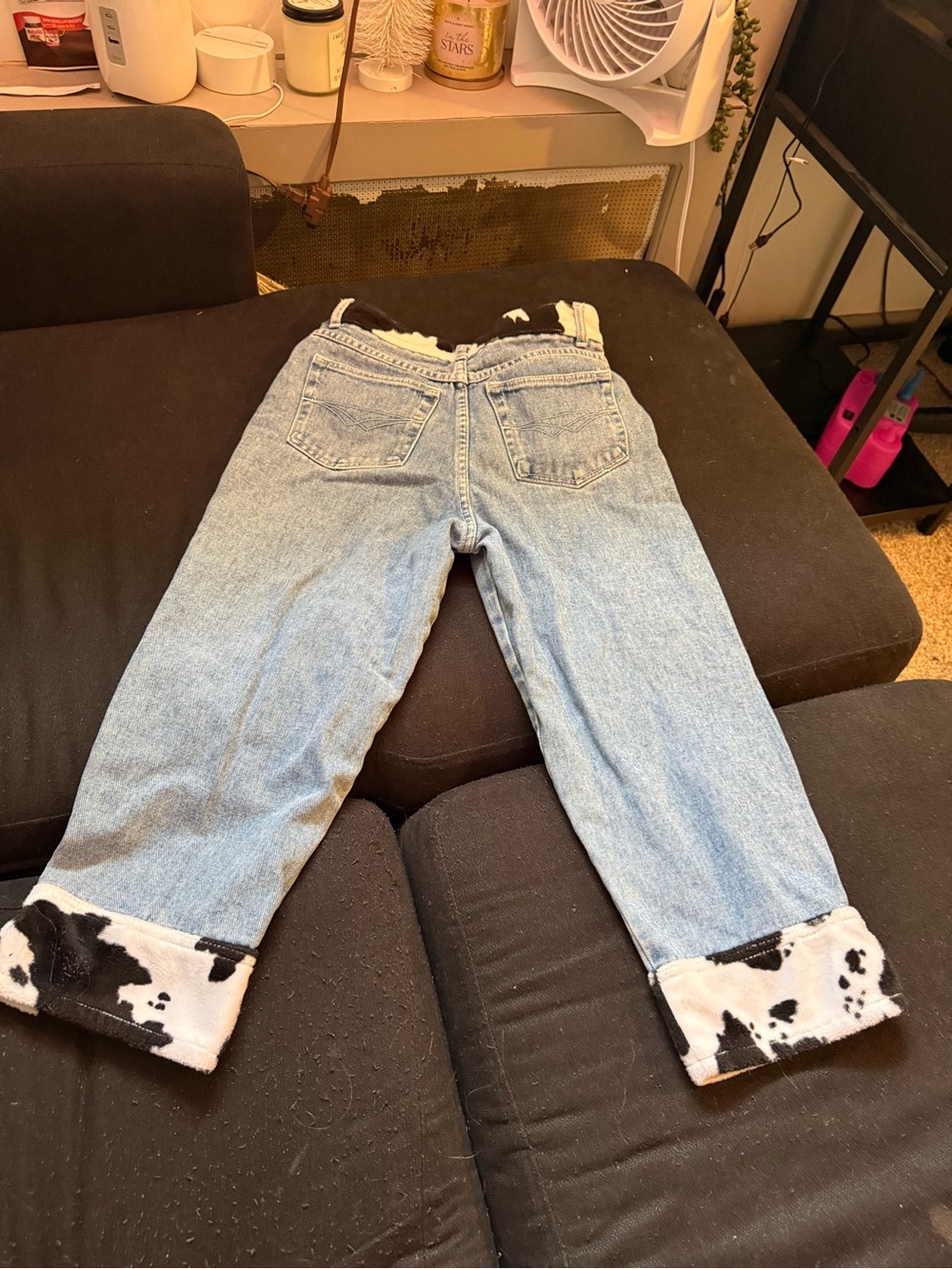 Route 66 Light Blue Cropped Jeans with Black & White Cow Print Cuffs